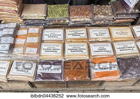 Stock Image - Spices for sale, market, Thamel, Kathmandu, Nepal, Asia. Fotosearch