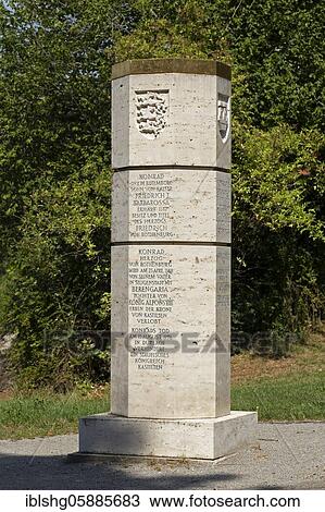 Stock Image - Stauferstele with inscriptions, castle garden Rothenburg ob der Tauber, Middle Franconia, Bavaria, Germany, Europe. Fotosearch