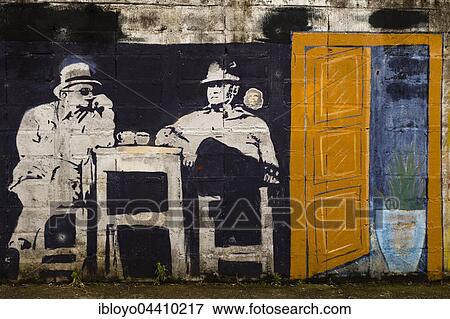 Stock Photo - Street art, mural, men at a table, Jardín, Antioquia, Colombia, South America. Fotosearch