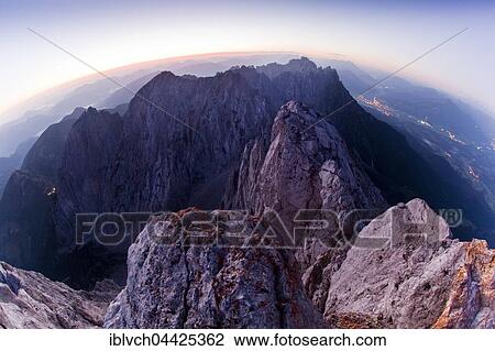 Stock Image - Sunrise in mountains, Ellmauer Halt, 2344m, Wilder Kaiser, Kaiser Mountains, Northern Alps, Tyrol, Austria, Europe. Fotosearch