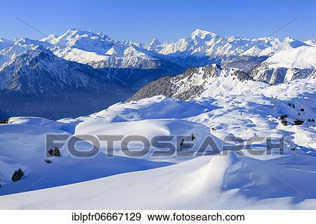 Stock Photo - Swiss Alps, Alphubel, 4206 (m), Dom, 4545 m, Mischabel, Matterhorn, 4477 m, Weisshorn, 4505 m, Unesco World Heritage, Valais, Switzerland, Europe. Fotosearch