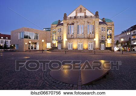 Theatre at dusk, Osnabrück, Lower Saxony, Germany, Europe View Large Photo Image Stock Photograph - Theatre at dusk, Osnabrück, Lower Saxony, Germany, Europe. Fotosearch