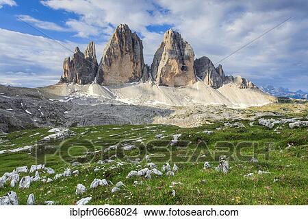 Three Peaks in summer, Dolomites, South Tyrol, Italy, Europe View Large Photo Image Picture - Three Peaks in summer, Dolomites, South Tyrol, Italy, Europe. Fotosearch