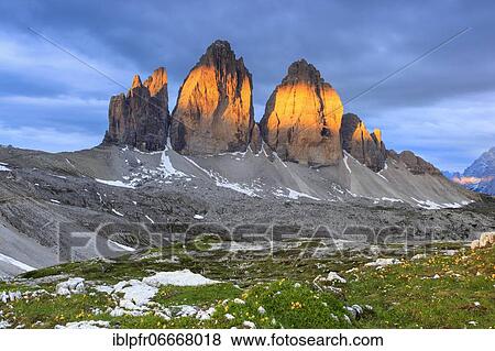 Stock Photo - Three Peaks in summer, Dolomites, South Tyrol, Italy, Europe. Fotosearch