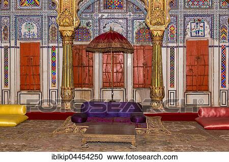 Stock Image - Throne Room, Phool Mahal, Flower Palace, Mehrangarh Fort, Jodhpur, Rajasthan, India, Asia. Fotosearch