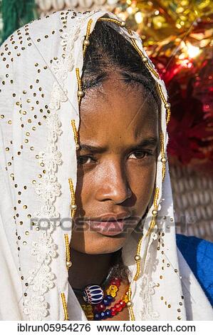 Stock Photograph - Toubou young woman, portrait, tribal festival Place de la Nation, N'Djamena, Chad, Africa. Fotosearch