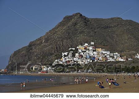 Tourists on the beach, Playa de las Teresitas, El Roque, San Andres, Tenerife, Canary Islands, Spain, Europe View Large Photo Image Stock Photo - Tourists on the beach, Playa de las Teresitas, El Roque, San Andres, Tenerife, Canary Islands, Spain, Europe. Fotosearch