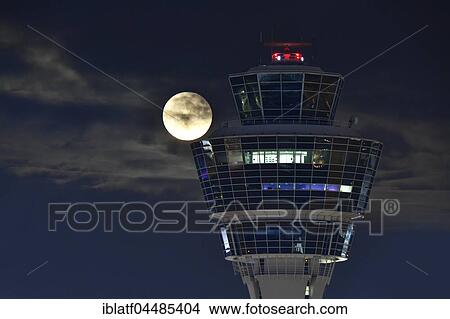 Tower with full moon, Terminal 1, Munich Airport, Upper Bavaria, Bavaria, Germany, Europe View Large Photo Image Picture - Tower with full moon, Terminal 1, Munich Airport, Upper Bavaria, Bavaria, Germany, Europe. Fotosearch