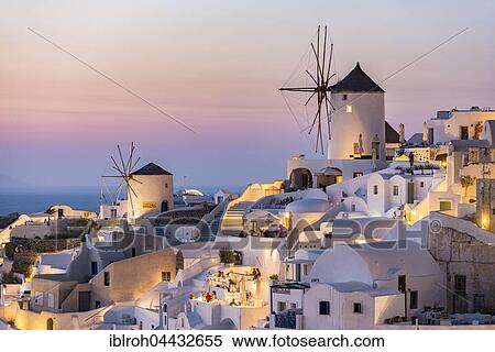 Town, windmills, dusk, Oia, Santorini, Cyclades, Greece, Europe View Large Photo Image Stock Photography - Town, windmills, dusk, Oia, Santorini, Cyclades, Greece, Europe. Fotosearch