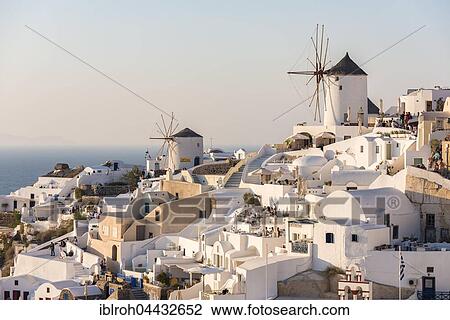 Town, windmills, Oia, Santorini, Cyclades, Greece, Europe View Large Photo Image Stock Image - Town, windmills, Oia, Santorini, Cyclades, Greece, Europe. Fotosearch