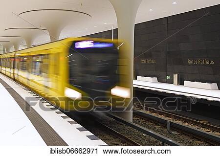 Stock Image - Train arriving at the new station Rotes Rathaus of the underground line U5, Berlin, Germany, Europe. Fotosearch
