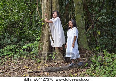Stock Photograph - Tribal children, Lacandon boys, typical white shirts, last descendants of Maya, ancient Maya archaeological site, Bonampak, Lacanja Chansayab, Chiapas, Mexico, Central America. Fotosearch