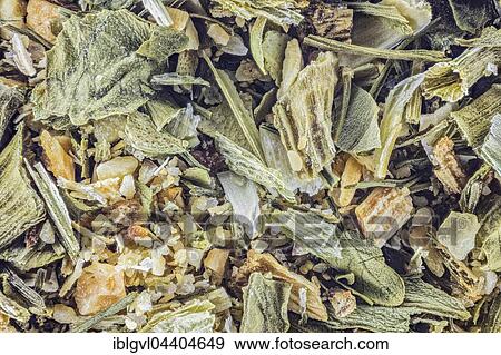 Stock Photo - Tsatsiki spice mixture, dill, garlic, sea salt, oregano, parsley, pepper, leek, chives, lemon zest Focus Stacking. Fotosearch