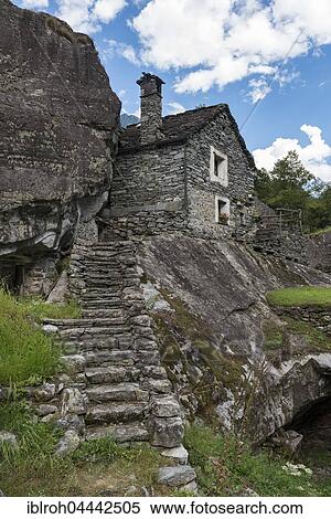 Stock Photography - Typical stone farmhouse in Sabbione, Bavona Valley, Valle Bavona, Canton of Ticino, Switzerland, Europe. Fotosearch
