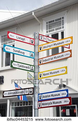 Various signs, signpost in town, Akureyri, Iceland, Europe View Large Photo Image Stock Photography - Various signs, signpost in town, Akureyri, Iceland, Europe. Fotosearch