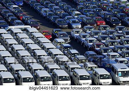 Stock Image - Vehicles, lined up at loading terminal, port, Antwerp, Belgium, Europe. Fotosearch
