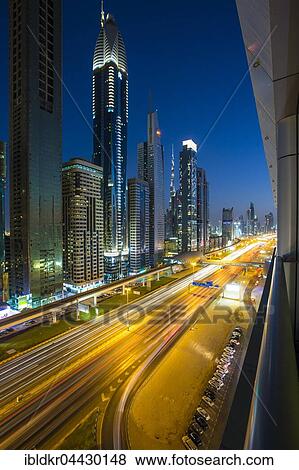 View in evening from Four Points by Sheraton, skyline and Sheikh Zayed Road, Downtown Dubai, United Arab Emirates, Asia View Large Photo Image Stock Photo - View in evening from Four Points by Sheraton, skyline and Sheikh Zayed Road, Downtown Dubai, United Arab Emirates, Asia. Fotosearch