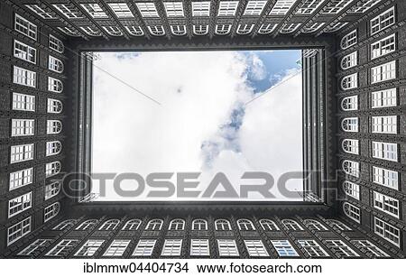 Picture - View looking up from courtyard in the Kontorhaus district, Chile house, Chilehaus, Kontorhaus quarter, Hamburg, Germany, Europe. Fotosearch