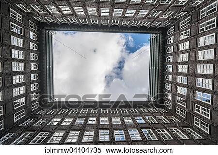 Stock Photography - View looking up from courtyard in the Kontorhaus district, Chile house, Chilehaus, Kontorhaus quarter, Hamburg, Germany, Europe. Fotosearch