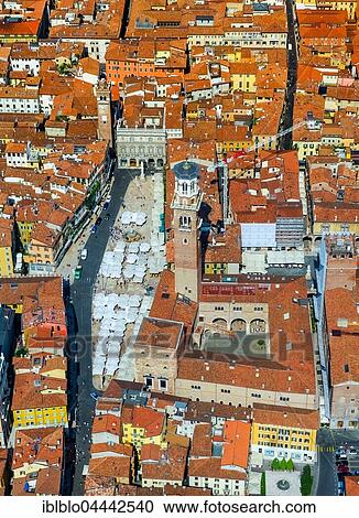 Stock Image - View of city centre with Piazza delle Erbe, market square, Domus Mercatorum, Torre dei Lamberti, Province of Verona, Province of Verona, Veneto, Italy, Europe. Fotosearch