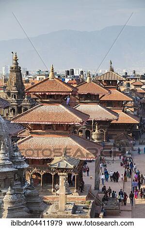 Stock Photo - View of Durbar square, buddhist temples, destroyed at earthquake April 2015, Patan, Nepal, Asia. Fotosearch