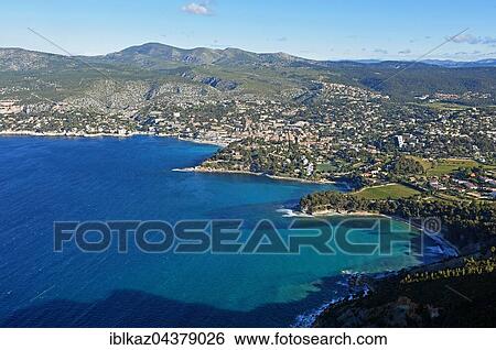 Stock Photograph - View of the sea and Cassis from Soubeyranes cliffs, Calanques National Park, Bouches-du-Rhône, Provence-Alpes-Côte d'Azur, France, Europe. Fotosearch