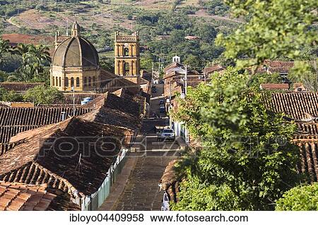 Stock Photo - View over town with cathedral Immaculada y San Lorenzo, Barichara, Santander, Colombia, South America. Fotosearch