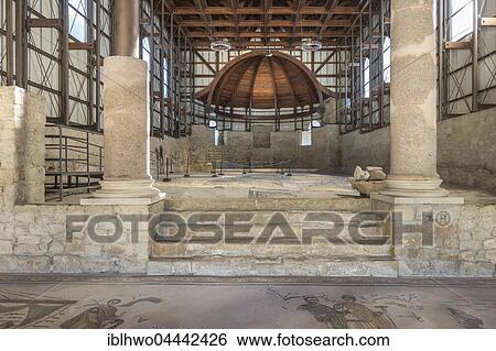 Stock Photograph - Villa Romana del Casale, Basilka and auditorium for audiences, passage of the great hunt, The little hunt mosaic, UNESCO World Heritage Site, Piazza Armerina, Province of Enna, Piazza Armerina, Sicily, Italy, Europe. Fotosearch