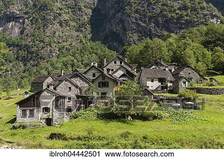 Stock Image - Village of Roseto, Bavona Valley, Valle Bavona, Canton of Ticino, Switzerland, Europe. Fotosearch