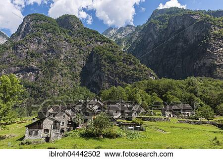 Stock Image - Village of Roseto, Bavona Valley, Valle Bavona, Canton of Ticino, Switzerland, Europe. Fotosearch