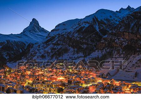 Stock Image - Village of Zermatt and Matterhorn, Valais, Switzerland, Europe. Fotosearch