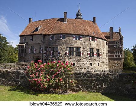 Vischering Castle with roses and moat, Lüdinghausen, Münsterland, North Rhine-Westphalia, Germany, Europe View Large Photo Image Stock Photo - Vischering Castle with roses and moat, Lüdinghausen, Münsterland, North Rhine-Westphalia, Germany, Europe. Fotosearch