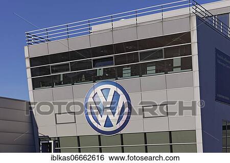 Stock Photograph - VW logo on a car dealership, Volkswagen AG, Düsseldorf, North Rhine-Westphalia, Germany, Europe. Fotosearch
