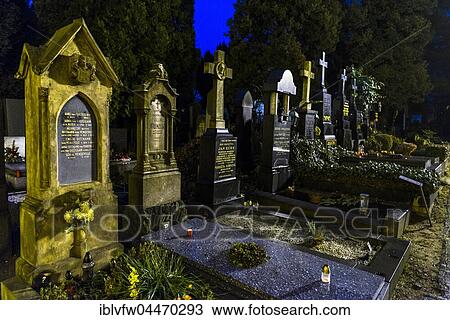 Vyšehrad Cemetery, night scene, Prague, Bohemia, Czech Republic, Europe View Large Photo Image Stock Image - Vyšehrad Cemetery, night scene, Prague, Bohemia, Czech Republic, Europe. Fotosearch