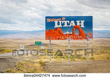 Picture - Welcome to Utah, sign on highway, Utah, USA, North America. Fotosearch