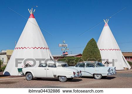 Wigwam Motel, tepees with two vintage cars, Route 66, Holbrook, Arizona, USA, North America View Large Photo Image Stock Photograph - Wigwam Motel, tepees with two vintage cars, Route 66, Holbrook, Arizona, USA, North America. Fotosearch