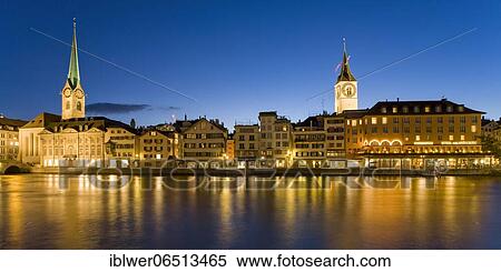 Stock Photography - Wühre on the Limmat, Fraumünster, Church St. Peter, Hotel zum Storchen, Old Town, Zurich, Canton Zurich, Switzerland, Europe. Fotosearch