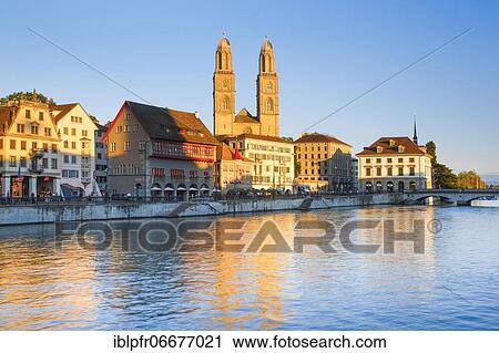 Stock Image - Zurich Grossmünster, Limmat, Switzerland, Europe. Fotosearch