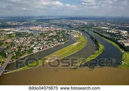 Aerial view, brown flood of the Rhine mixes with the clean water of the Ruhr, Ruhr estuary, Duisburg, Ruhr district, North Rhine-Westphalia, Germany, Europe View Large Photo Image Stock Image - Aerial view, brown flood of the Rhine mixes with the clean water of the Ruhr, Ruhr estuary, Duisburg, Ruhr district, North Rhine-Westphalia, Germany, Europe. Fotosearch