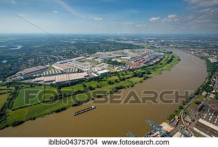 Aerial view, Logport in Rheinhausen am Rhein with Container Terminal and Rhine flood, Duisburg, Ruhr district, North Rhine-Westphalia, Germany, Europe View Large Photo Image Picture - Aerial view, Logport in Rheinhausen am Rhein with Container Terminal and Rhine flood, Duisburg, Ruhr district, North Rhine-Westphalia, Germany, Europe. Fotosearch