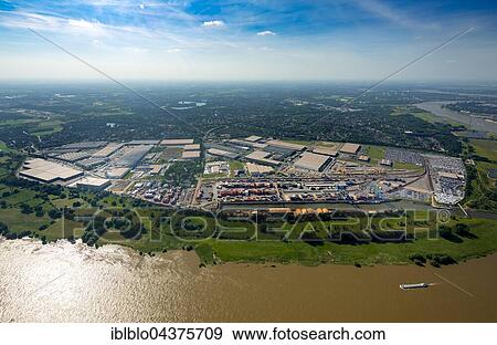 Aerial view, Logport in Rheinhausen am Rhein with Container Terminal and Rhine flood, Duisburg, Ruhr district, North Rhine-Westphalia, Germany, Europe View Large Photo Image Stock Photo - Aerial view, Logport in Rheinhausen am Rhein with Container Terminal and Rhine flood, Duisburg, Ruhr district, North Rhine-Westphalia, Germany, Europe. Fotosearch