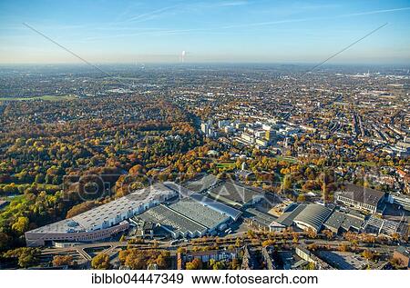 Aerial view of Messe Essen expansion at Grugapark, Essen fairgrounds, Ruhr district, North Rhine-Westphalia, Germany, Europe View Large Photo Image Stock Photo - Aerial view of Messe Essen expansion at Grugapark, Essen fairgrounds, Ruhr district, North Rhine-Westphalia, Germany, Europe. Fotosearch