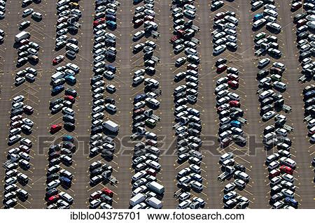Stock Image - Aerial view, Port of Duisburg company Logport with car parking, herringbone pattern, Duisburg, Ruhr district, North Rhine-Westphalia, Germany, Europe. Fotosearch