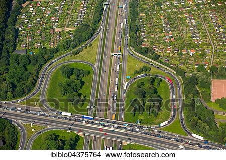Picture - Aerial view, traffic congestion, A59 and A40 motorway, Autobahn, Duisburg, Ruhr District, North Rhine-Westphalia, Germany, Europe. Fotosearch