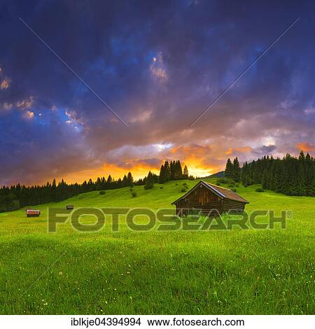 Alpine meadow with cottage, sunset, Garmisch-Partenkirchen, Bavaria, Upper Bavaria, Germany, Europe View Large Photo Image Picture - Alpine meadow with cottage, sunset, Garmisch-Partenkirchen, Bavaria, Upper Bavaria, Germany, Europe. Fotosearch