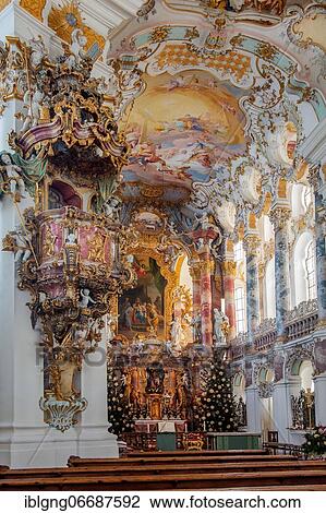Stock Image - Altar room with pulpit inside the Wieskirche, Weiler Wies, Steingaden, Pfaffenwinkel, Romantic Road, Upper Bavaria, Bavaria, Germany, Europe. Fotosearch