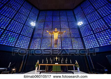 Stock Photo - Altar room with resurrection Christ by Karl Hemmeter above the altar, interior view, Kaiser-Wilhelm-Gedächtniskirche, Charlottenburg, Berlin, Germany, Europe. Fotosearch