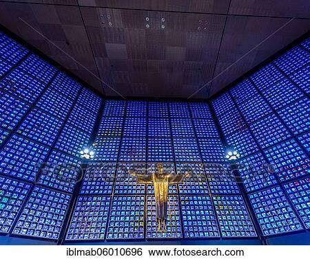 Stock Photograph - Altar room with resurrection Christ by Karl Hemmeter above the altar, interior view, Kaiser-Wilhelm-Gedächtniskirche, Charlottenburg, Berlin, Germany, Europe. Fotosearch