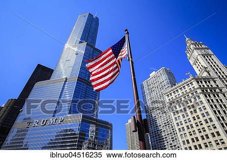 American flag in front of Trump Tower Chicago and Wrigley Building, Chicago, Illinois, USA, North America View Large Photo Image Stock Photography - American flag in front of Trump Tower Chicago and Wrigley Building, Chicago, Illinois, USA, North America. Fotosearch