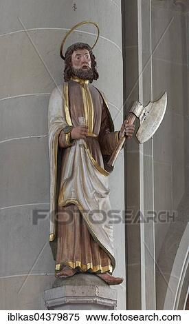 Apostle Matthias, larger than life wooden statue of 1552, minster St. Nikolaus, Überlingen, Lake Constance, Baden-Württemberg, Germany, Europe View Large Photo Image Stock Photography - Apostle Matthias, larger than life wooden statue of 1552, minster St. Nikolaus, Überlingen, Lake Constance, Baden-Württemberg, Germany, Europe. Fotosearch